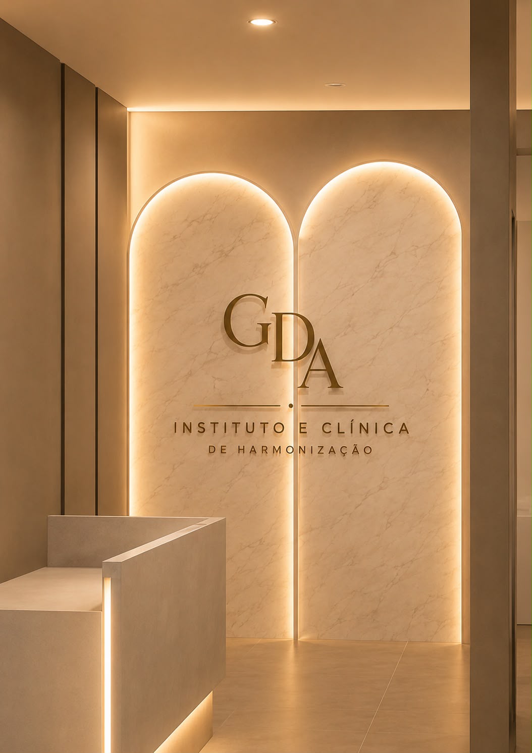 Recepção do Instituto GDA com logomarca dourada em parede de mármore iluminada